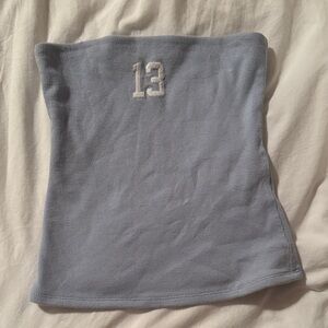 Hollister Light Blue Ribbed Strapless Crop Top with White '13' Embroidery